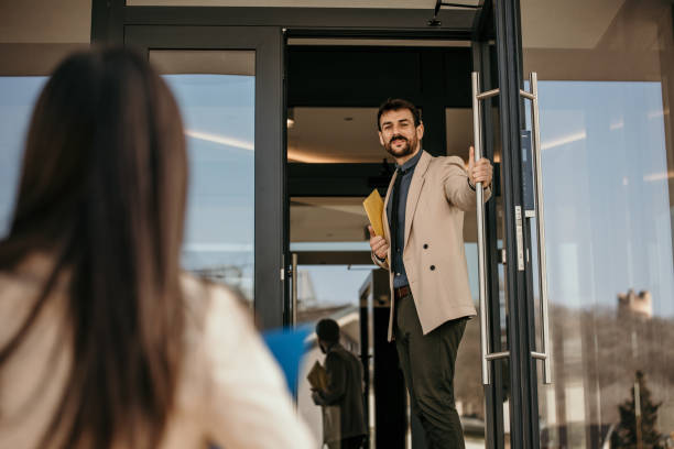 istock Welcoming candidate in front of the office building 1485321429