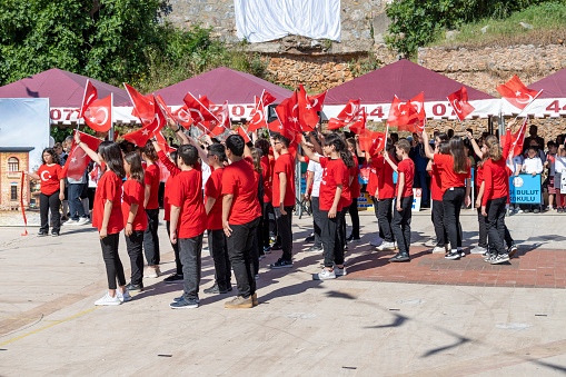 Alanya, Turkey - April 23 , 2023: Celebrations of the 23 April 2019 Memoriam of Mustafa Kemal Ataturk, Youth and Sports Festival Alanya Antalya Turkey. Republic Square.