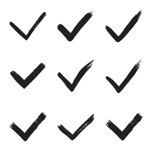 istock Dirty grunge hand drawn tick v with brush strokes vector illustration set. 1485322737