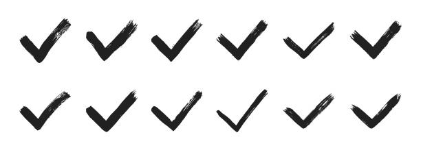 istock Dirty grunge hand drawn tick v with brush strokes vector illustration set. 1485322764