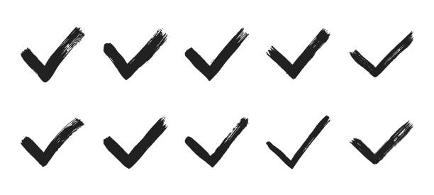 istock Dirty grunge hand drawn tick v with brush strokes vector illustration set. 1485323186