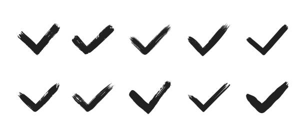 istock Dirty grunge hand drawn tick v with brush strokes vector illustration set. 1485323224