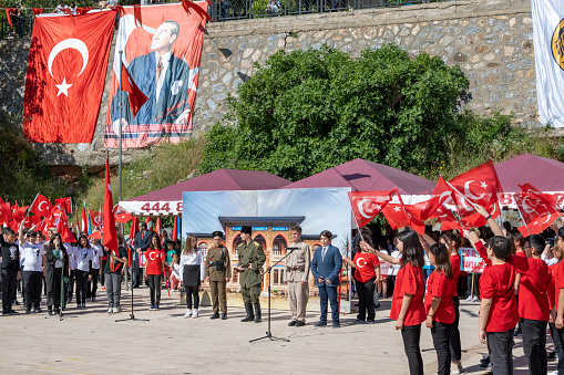 Alanya, Turkey - April 23 , 2023: Celebrations of the 23 April 2019 Memoriam of Mustafa Kemal Ataturk, Youth and Sports Festival Alanya Antalya Turkey. Republic Square.