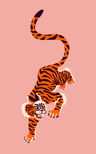 Abstract crouching Indian tiger. Endangered animal. Striped beast in cartoon style. Vector background for t shirt print, logo, poster template, tattoo idea.