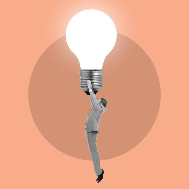 istock Businessman, icon and hang on idea lightbulb for stress, tired or brainstorming for solution to falling stock market. Animation, ideas and knowledge in leadership, mission or goals at finance company 1485324961