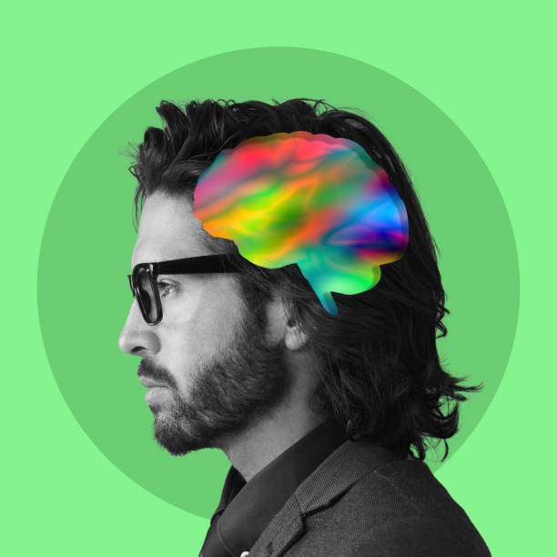 istock Creative thinking, brain and face of man on green background with ideas, inspiration and innovation. Digital art, psychology mind and profile of male for intelligence, brainstorming and knowledge 1485325068