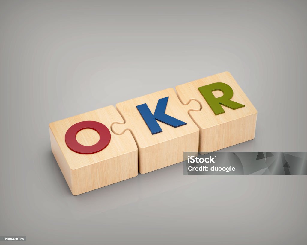 OKR. objectives and key results. 3D stylized of OKR letter and icons located on white background. Achievement Stock Photo