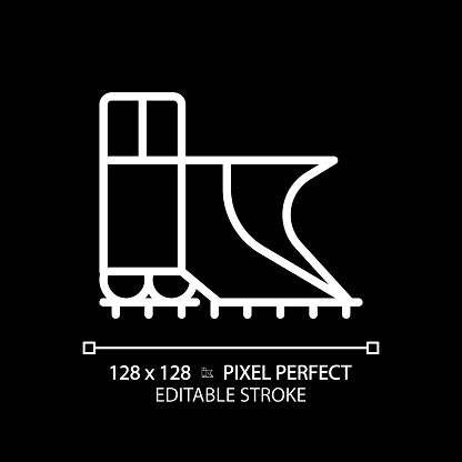 Snowplow train pixel perfect white linear icon for dark theme. Steam engine. Railroad snow removal equipment. Rail cleaning. Thin line illustration. Isolated symbol for night mode. Editable stroke