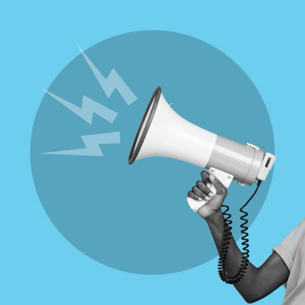 istock Megaphone, hand and icon for protest, communication and change in world, community and blue background. Human rights speaker, equality and politics with animation overlay for justice, vote and voice 1485325980