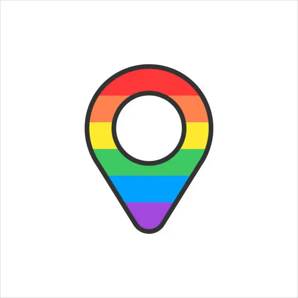 Vector illustration of Pin icon vector. Rainbow colour. Location sign Isolated. LGBT community symbol. Navigation map, direction, place, compass, contact, search concept. LGBTQ+ related symbol.Love, Freedom, Support. Vector. LGBT rainbow flag colors location pin, map pin icon