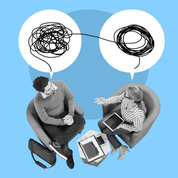 istock Top view, business and employees with speech bubbles, confusion and discussion on blue studio background. Corporate, man and woman with disagreement, negotiation and planning for new project schedule 1485326085