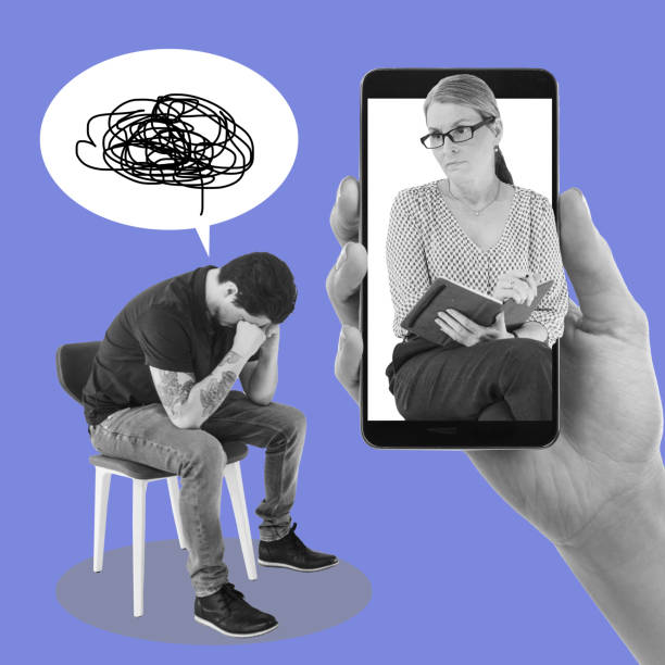 istock Phone, psychologist and man crying at an online therapy session with a mobile device in studio. Mental health, support and therapist on cellphone looking at male with depression by purple background. 1485326137