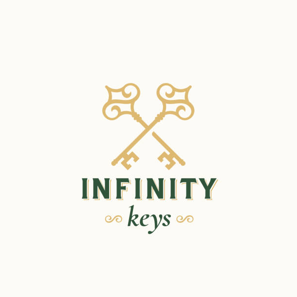 ilustrações de stock, clip art, desenhos animados e ícones de vintage keys with infinity swirls. abstract vector sign, symbol or emblem template. crossed keys sillhouettes with infinite loop elements and classy retro typography. vector emblem. - house real estate key residential structure