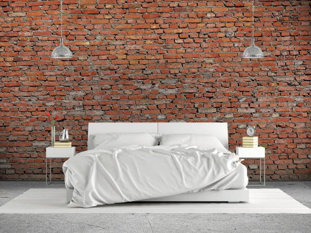istock Minimalist master bedroom with double bed against  brick wall - 3d rendering 1485326971