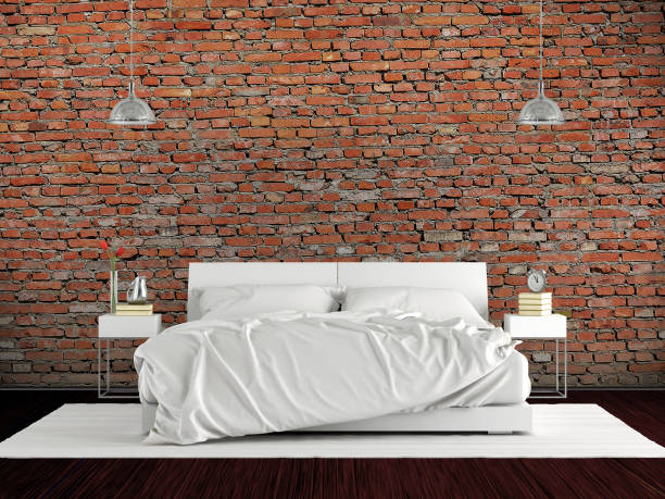 istock Minimalist master bedroom with double bed against  brick wall - 3d rendering 1485327545