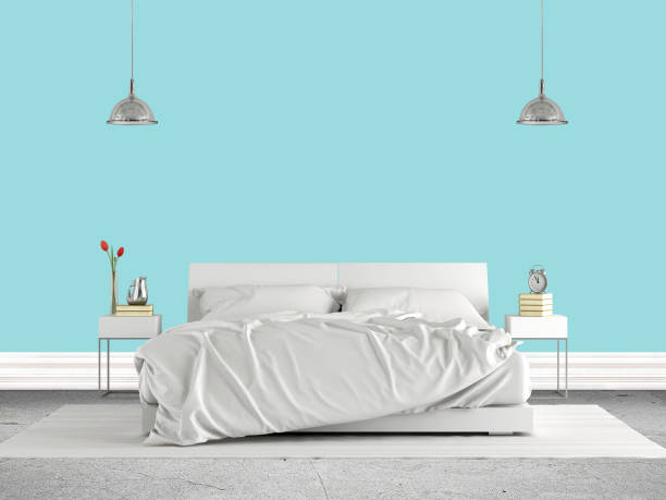 istock Minimalist master bedroom with double bed against bright blue wall - 3d rendering 1485328081