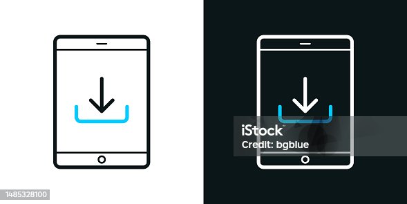 istock Download on tablet PC. Bicolor line icon on black or white background - Editable stroke 1485328100