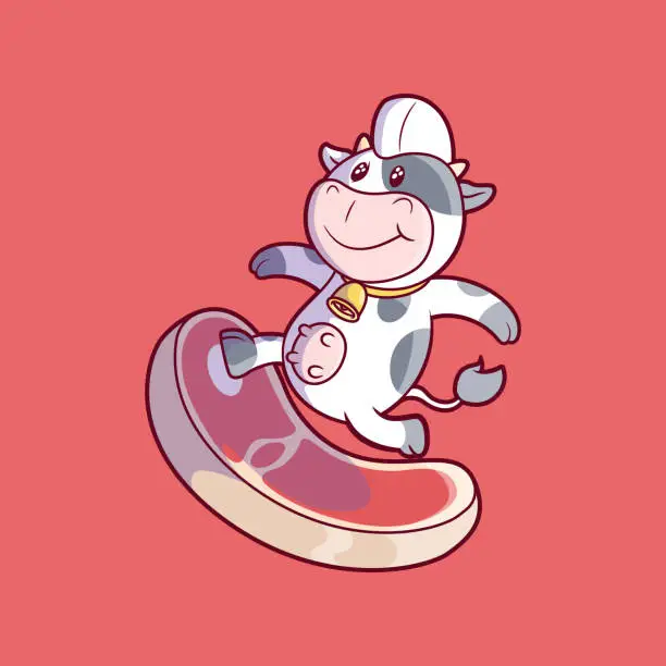 Vector illustration of Cow character surfing on a beef vector illustration.