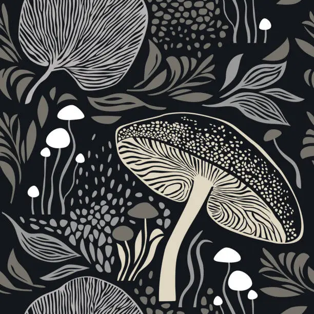 Vector illustration of Seamless pattern , mushrooms and plants, leaves and branches, botanical illustration