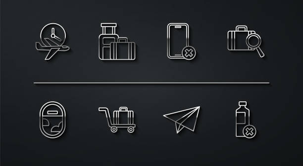 stockillustraties, clipart, cartoons en iconen met set line flight time, airplane window, lost baggage, paper airplane, trolley, suitcase, no water bottle and cell phone icon. vector - lost phone