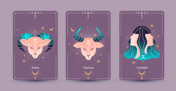 Vector illustration of Aries, Taurus, and Gemini zodiac symbols are hand drawing styles surrounded by moon and stars on a purple background, Fit for paranormal, tarot readers, and astrologers