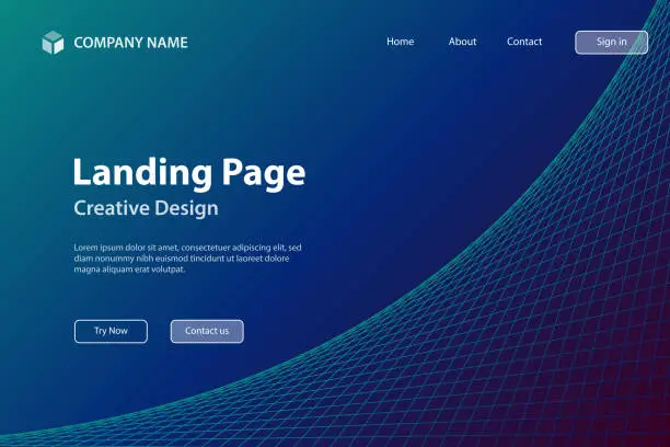 Vector illustration of Landing page Template - Blue geometric background with curved 3D grid