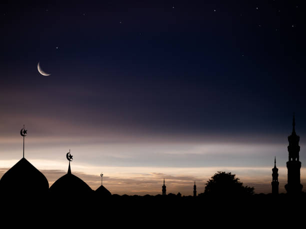 istock Mosque Dome Mubarak Muharram with Crescent Moon Star in Night Twillight Background,Islamic Ramadan, Eid Al fitr,Eid Al adha Islam Muslim Kareem Religion,Arabic,Islamic new year Greeting Holy God 1485330181