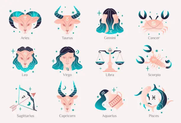 Vector illustration of Zodiac astrology horoscope design vector illustrations set. Elegant symbols and icons of horoscopes with names. Vector hand-drawn illustration