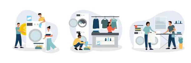Vector illustration of Public laundry and dry cleaning concept. Young people washing clothes in washing machine