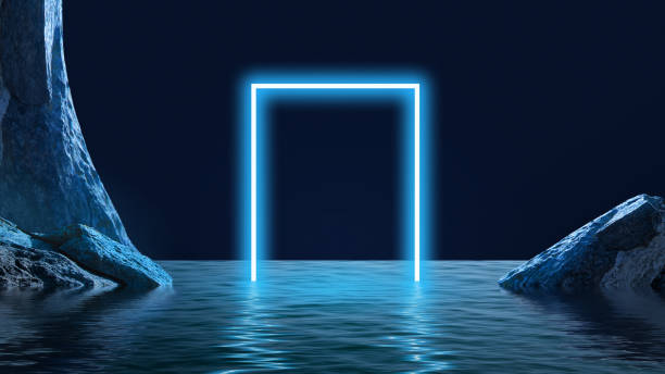 istock Geometric neon element appearing from water around rocks over dark background. Blue neon lights. Design for wallpaper, background, banner 1485331726