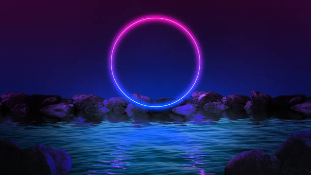 istock Creative abstract design for wallpaper, background, banner. Neon pink blue circle rising over water, lake around stones. Futuristic nature. Reflection. 1485331736