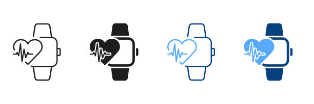 illustrazioni stock, clip art, cartoni animati e icone di tendenza di controllo del polso cardiaco nella linea dello smartwatch e nel set di icone silhouette. tecnologia smart watch per pittogramma sportivo. app heartbeat rate nella collezione di simboli del braccialetto fitness. illustrazione vettoriale isolata - pulse clock