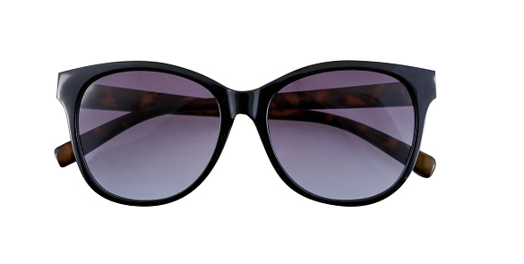 Black sunglasses or shades, with plastic rims and tinted lenses, both modern and retro fashion. Isolated on a white background with clipping path.