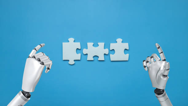 istock Robot and Puzzle pieces on blue background, Jigsaw puzzle with missing piece artificial intelligence, Missing jigsaw puzzle pieces and business artificial intelligence concept. 1485332991
