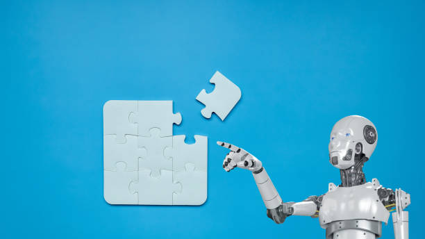 istock Robot and Puzzle pieces on blue background, Jigsaw puzzle with missing piece artificial intelligence, Missing jigsaw puzzle pieces and business artificial intelligence concept. 1485333015