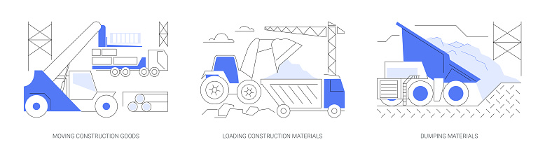 Heavy construction machinery abstract concept vector illustration set. Moving construction goods, loading building materials, dump truck unloading gravel, industrial transport abstract metaphor.