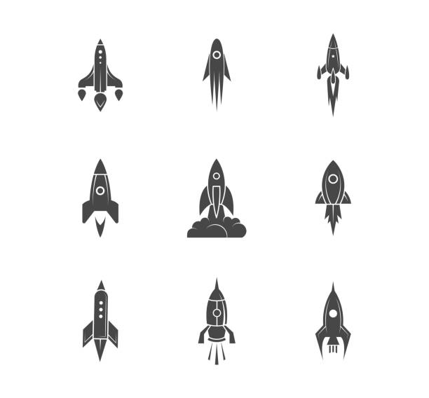 Spaceship icons. Rocket symbols, speed launched space ships silhouettes, spacecraft symbols Spaceship icons. Rocket symbols, speed launched space ships silhouettes, spacecraft symbols. Vector of rocket speed for launch illustration rocketship silhouettes stock illustrations