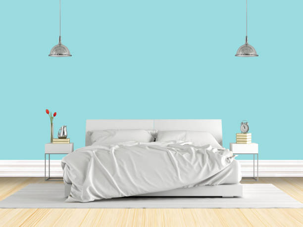 istock Minimalist master bedroom with double bed against bright blue wall - 3d rendering 1485336104