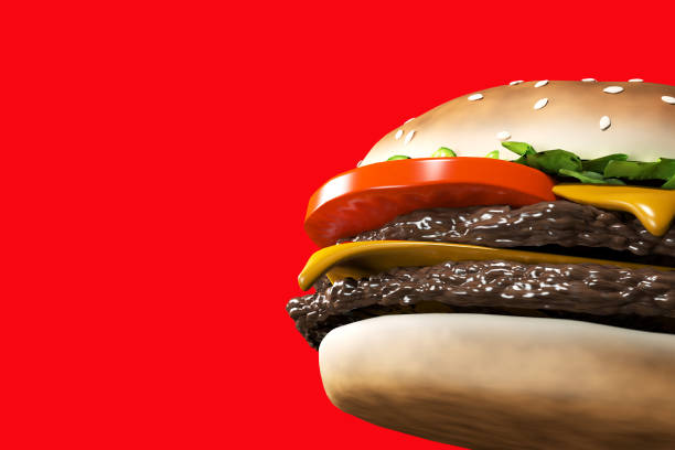 istock 3D rendering cheeseburger with beef, cheese, tomato, lettuce, onion, bacon and sauce on red background. Copy space. Creative or art food concept 1485336967