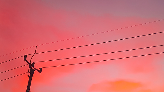 A beautiful sunset sky in shades of warm pink serves as a stunning backdrop for silhoutte of street cables.
