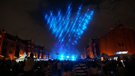 Kanagawa Prefecture Japan - Sept 14, 2019: Drone light show The Infinity Ball. Yokohama Red Brick Warehouse building