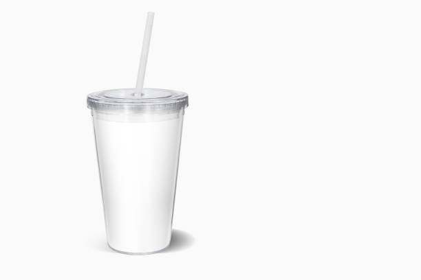 istock Blank colored disposable cup with straw mock up, isolated. paper soda drinking mug mockup with lid and tube front view. Clear soft drink take away plastic package.3D rendering. 1485338458
