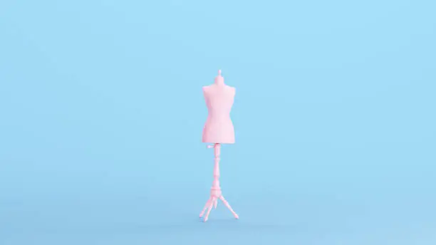 Pink Dressmakers Dummy Judy Female Figure Dressmaking Clothing Fashion Mannequin Kitsch Blue Background 3d illustration render digital rendering