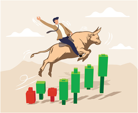 Bull market or Bull Run. Businessman investor riding bull running on rising up upward green graph or Businessman getting on a large bull market running up. Price rising up.