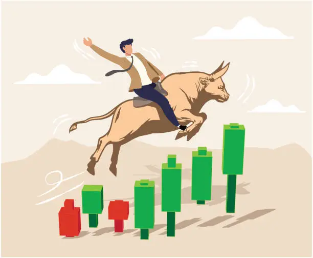 Vector illustration of Bull market or Bull Run. Businessman investor riding bull running on rising up upward green graph or Businessman getting on a large bull market running up. Price rising up.