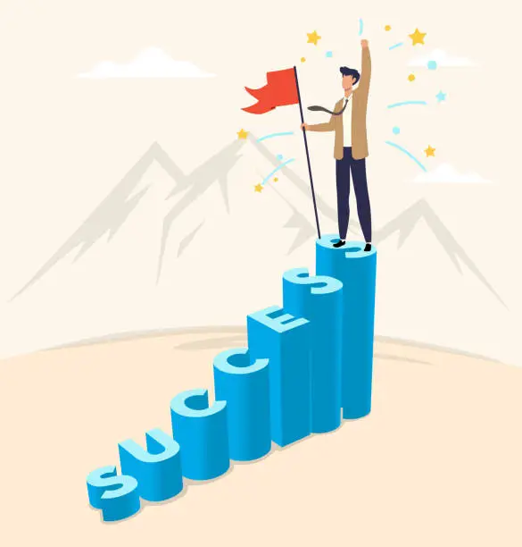 Vector illustration of Success businessman cheering on ladder success. Business concept of goals, success, ambition, achievement and challenges.