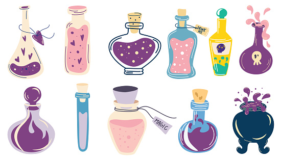 Magic potions set. Magic shop, witchcraft accessories. Game props. Cartoon vector illustration of different shape glass jars, magic elixir. Alchemy design element. Esoteric mystic.