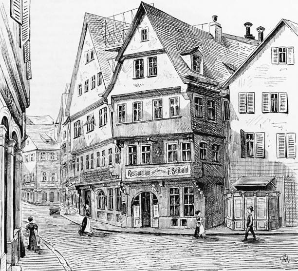 Stuttgart Eichstraße, Gasthof zur Sonne Illustration from 19th century. sonne stock illustrations