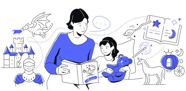 어머니는 딸에게 책을 읽는다 - 현대적인 다채로운 라인 디자인 스타일 일러스트레이션 - child book reading offspring stock illustrations