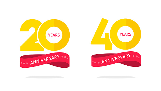 20 40 years anniversary badge jubilee birthday party label icon vector logo graphic, 20th and 40th celebration emblem set illustration golden yellow red image
